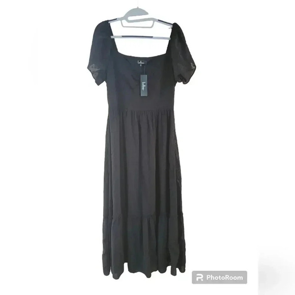 Lulus Forever Fond of You Black Swiss Dot Flutter Sleeve Maxi Dress Size M - Picture 6 of 7